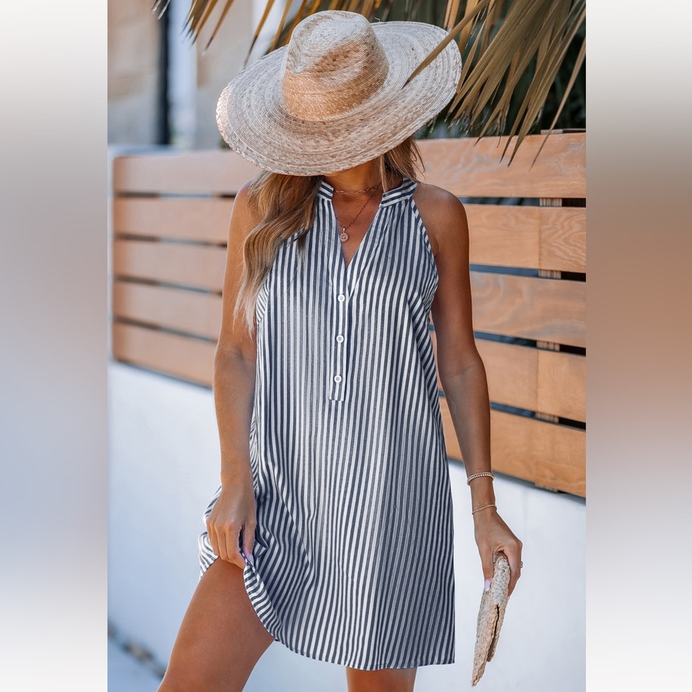 NWT XL Cupshe Navy and White Sleeveless Striped Dress - Picture 3 of 6